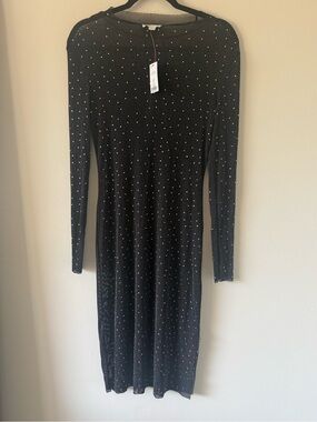 Topshop Black sheer Long-Sleeve Rhinestone Midi Dress